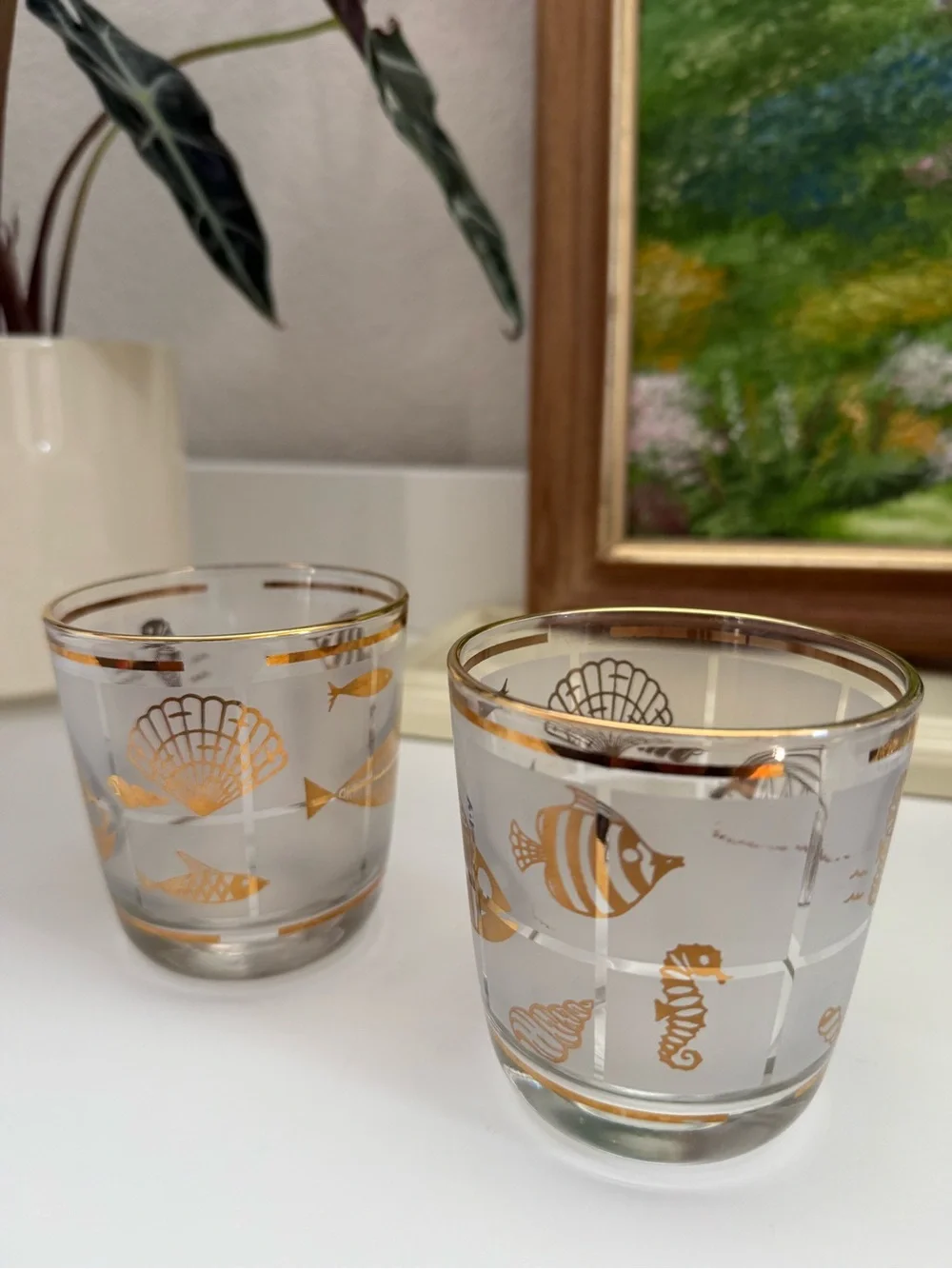 Vintage Libbey Gold Fish and Seashell Glass Tumblers